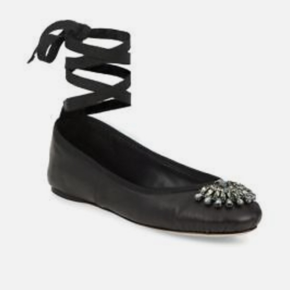 Jimmy Choo Blue Jeweled Toe Grosgrain Ankle Strap Ballet Flats - Picture 12 of 13